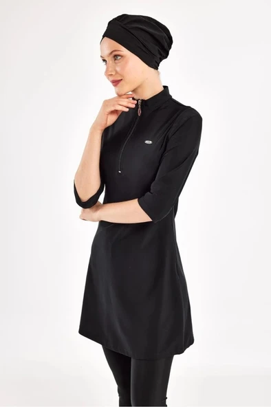 Adasea 251601 Anda Siyah Diresk Kol Fermar Detaylı Yarı Kapalı Battal Tesettür Mayo - Resim 4