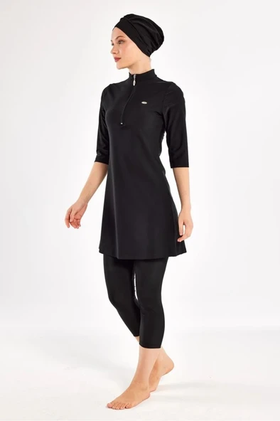 Adasea 251601 Anda Siyah Diresk Kol Fermar Detaylı Yarı Kapalı Battal Tesettür Mayo - Resim 6