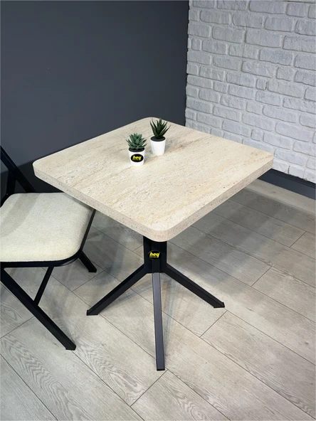 Zeren Kare Traverten Balkon Masası Mutfak Yemek Masası 60 cm - 5