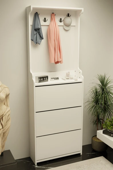 Modus Vestiyer Düşer Kapak Ayakkabılık 3 Raflı Beyaz