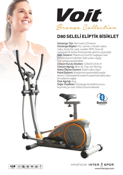 Voit D80 Bronze Collection Seleli Eliptik Kondisyon Bisikleti | Bluetooth Destekli, 8 Kademe Dirençli, LED Göstergeli, Nabız Ölçerli - 2