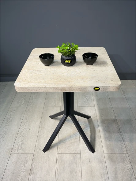 Zeren Kare Traverten Balkon Masası Mutfak Yemek Masası 60 cm - 2