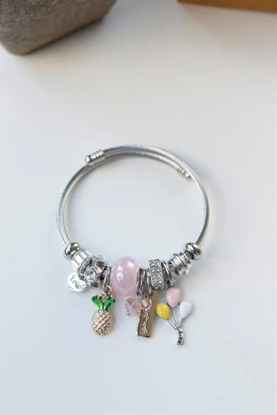 Çelik Charmlı Ananas Balon Bileklik - Pembe