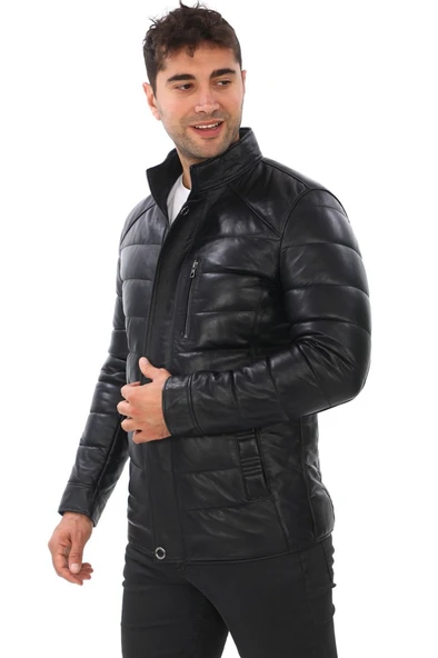 Şişme Klasik Ve Spor Kesim Deri Mont Siyah Renk - 2
