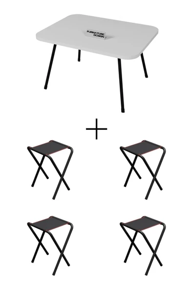 4 Adet Katlanır Kamp Taburesi Ve Katlanır Kamp Masası Seti 45x60