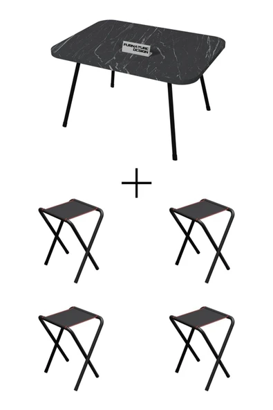 4 Adet Katlanır Kamp Taburesi Ve Katlanır Kamp Masası Seti 45x60