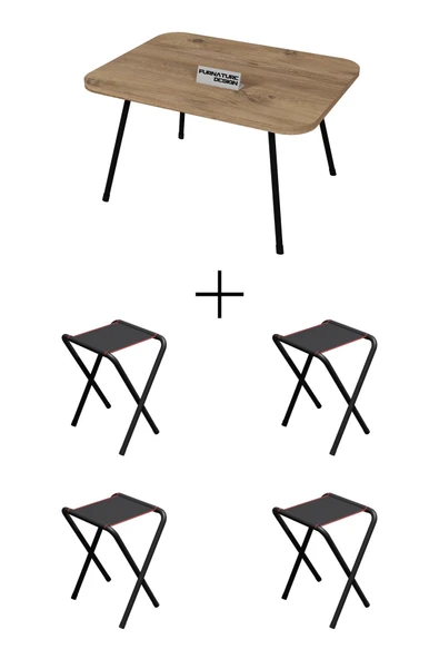 4 Adet Katlanır Kamp Taburesi Ve Katlanır Kamp Masası Seti 45x60