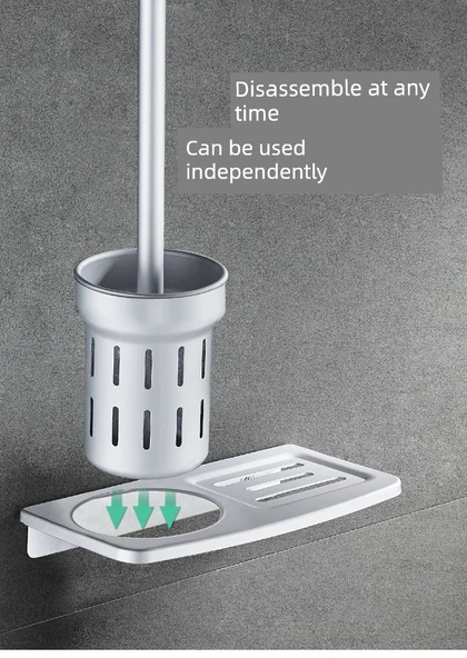 Alüminyum Banyo Tuvalet Fırçası Seti - Delmesiz/Delsiz Mat Raflı - 11