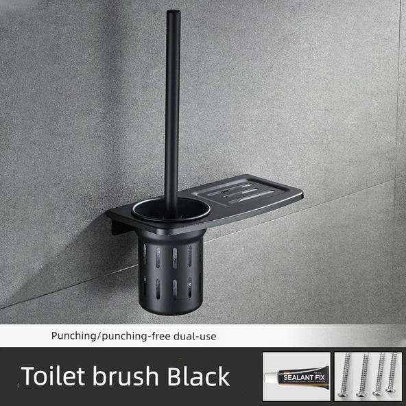 Alüminyum Banyo Tuvalet Fırçası Seti - Siyah Saklama Raflı - Delmesiz/Delsiz