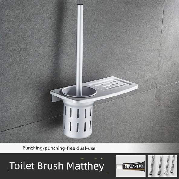 Alüminyum Banyo Tuvalet Fırçası Seti - Delmesiz/Delsiz Mat Raflı