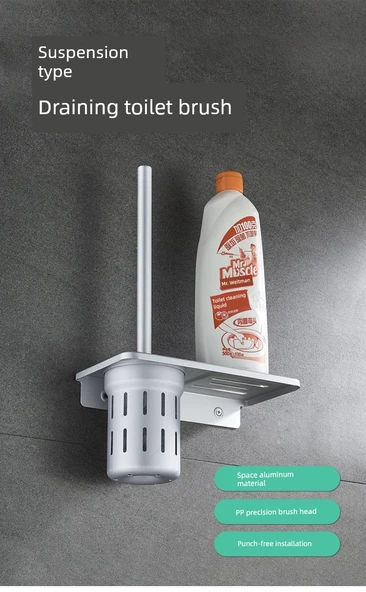 Alüminyum Banyo Tuvalet Fırçası Seti - Siyah Saklama Raflı - Delmesiz/Delsiz - 8