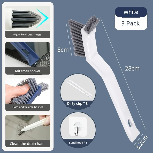 Banyo Fayans Arası Temizleme Fırçası - Beyaz (3'lü), Kir Klipsi x3/Kanca x3