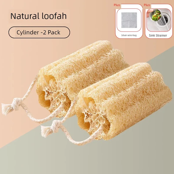 Doğal Luffa Mutfak Bulaşık Fırçası - Silindir 2 Adet 10cm + Gümüş Bez + Lavabo Süzgeci