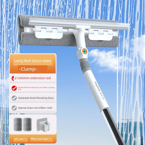 Çift Taraflı Cam Silme Aparatı - Askılı Saklama, Bez Klipsi + 2 Fiber Bez + Deliksiz Duvar Klipsi