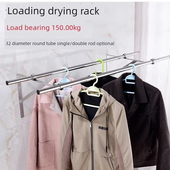 304 Paslanmaz Çelik Balkon Duvara Monte Çamaşır Kurutma Askısı - 2.7m Çubuk + 50cm Çift Delikli Tripod - 2