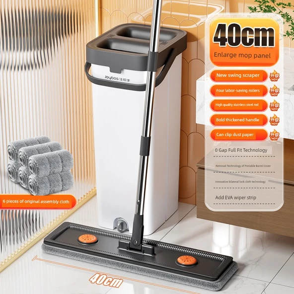 40cm Paslanmaz Çelik Saplı Mop + Yükseltilmiş Kazıyıcı + 6 Kalın Bez