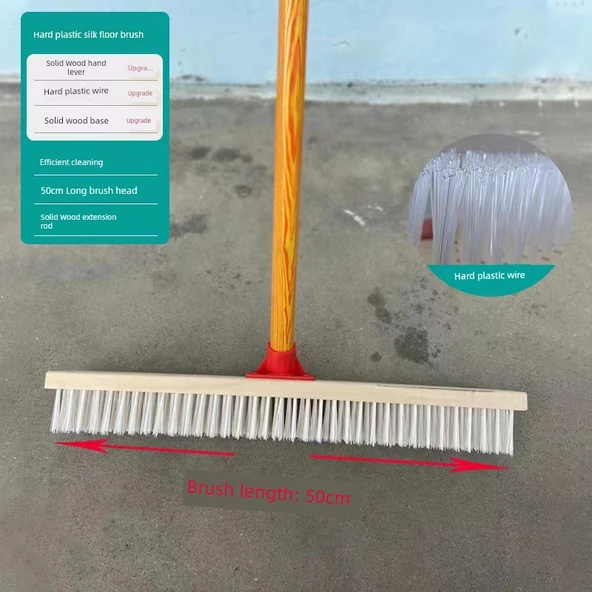 Uzun Saplı Yer Fırçası - Kırmızı Plastik Naylon - 50cm Ahşap Saplı