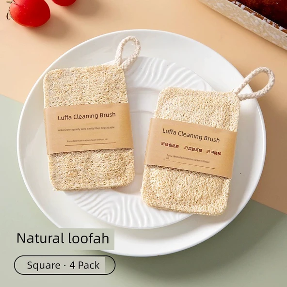 Doğal Luffa Mutfak Bulaşık Fırçası - Kare 4 Adet [Çift Kat Kalınlaştırılmış, Askılıklı]