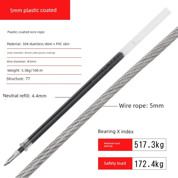 PVC Kaplı Çelik Halat Çamaşır İpi - 3mm/5mm x 1m