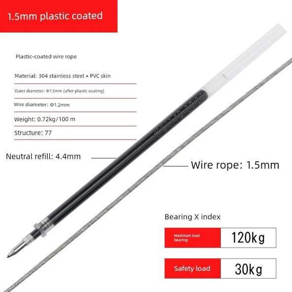 PVC Kaplı Çelik Halat Çamaşır İpi - 1.5mm x 10m