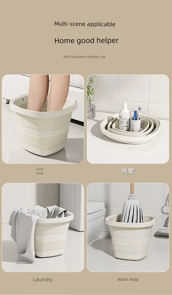 Katlanabilir Plastik Kova - Beyaz Gri - Kapaksız + 30 Ayak Banyo Torbası - 6