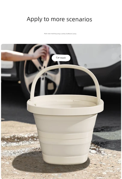 Katlanabilir Plastik Kova - Beyaz Gri Orta 5L + Büyük 10L - Kulplu Set - 7