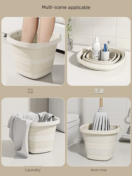 Katlanabilir Plastik Kova - Beyaz Gri - Kapaksız + 30 Ayak Banyo Torbası - 4