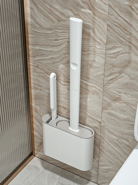 Duvara Monte Silikon Tuvalet Fırçası - Koyu Gri Fırça + Pembe Çöp Kovası + Çöp Torbası - 2
