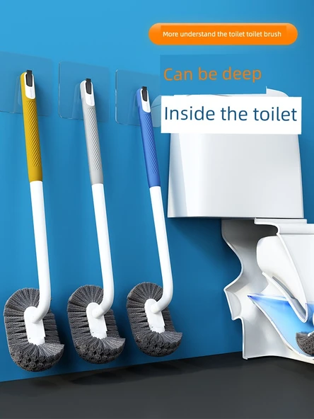 Kavisli Uzun Saplı Kauçuk Kaplı Yumuşak Yün Tuvalet Fırçası - Geliştirilmiş Gri [2 Adet] +2 Kanca - Resim 2