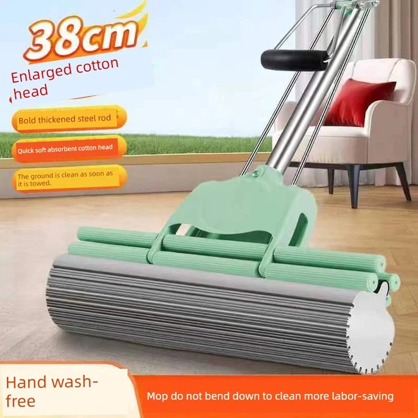 Eller Serbest PVA Sünger Paspas - Matcha Yeşili Üç Sıra 28cm - 1 Yedek Başlıklı - 2