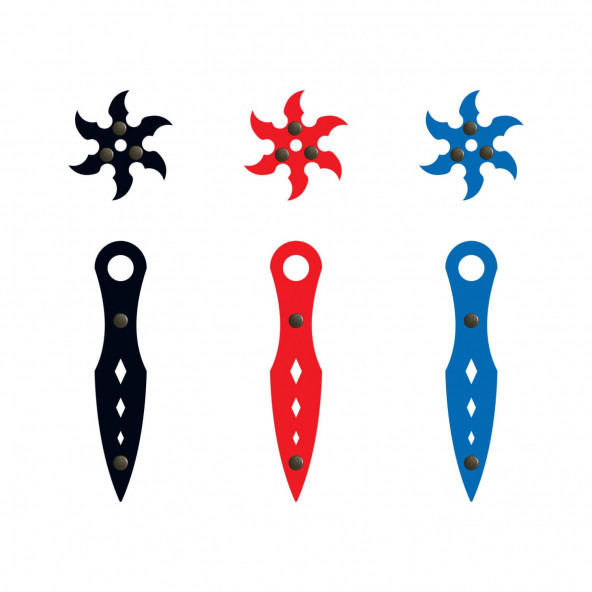 Ahşap Samuray Naruto Seti, 3 Ad. Ninja Yıldızı Kohga + 3 Ad. Fırlatma Bıçağı Kunai, 3 Renkli