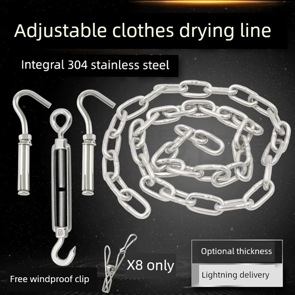 Ayarlanabilir Paslanmaz Çelik Çamaşır İpi Zinciri ve Aksesuarları - 5mm Kalınlık 3.5 Metre - 2