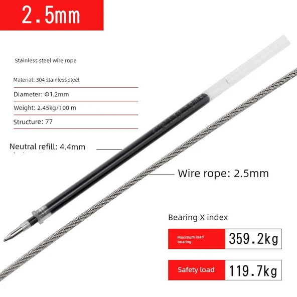 304 Paslanmaz Çelik Halat - 2.5mm (100 Metre, 6 Mengene)