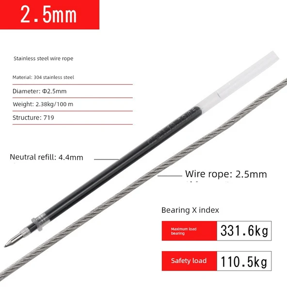 304 Paslanmaz Yumuşak Çelik Halat - 2.5mm (100 Metre, 6 Mengene)