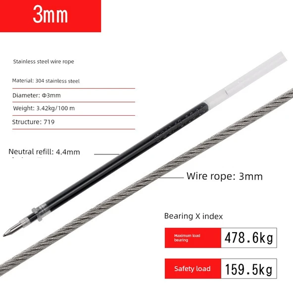 304 Paslanmaz Yumuşak Çelik Halat - 3mm (50 Metre, 4 Mengene)
