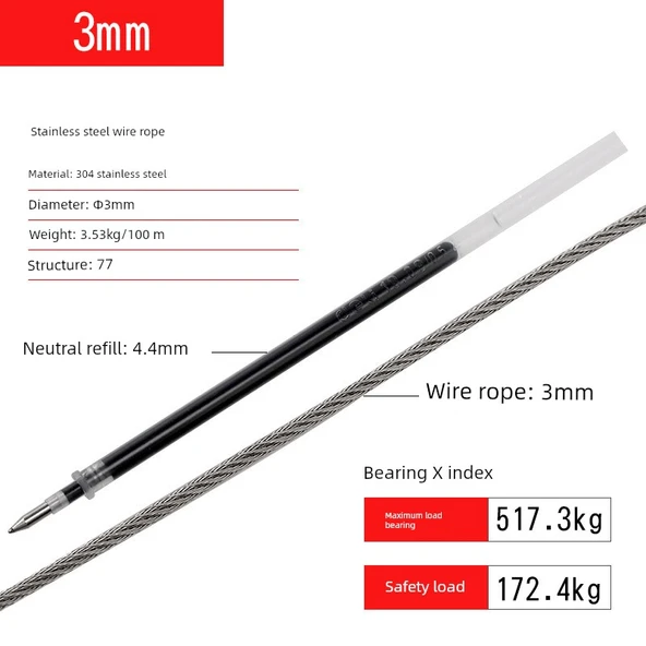 304 Paslanmaz Çelik Halat - 3mm (50 Metre, 4 Mengene)