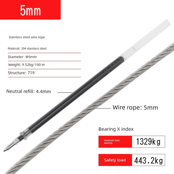 304 Paslanmaz Çelik Halat - 5mm (10 Metre, 2 Mengene)