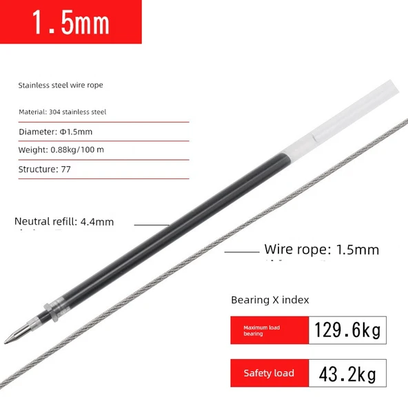 304 Paslanmaz Çelik Halat - 1.5mm (100 Metre, 40 Alüminyum Manşon)