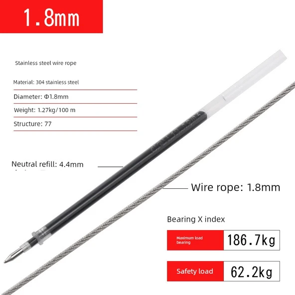 304 Paslanmaz Çelik Halat - 1.8mm (200 Metre, 40 Alüminyum Manşon)
