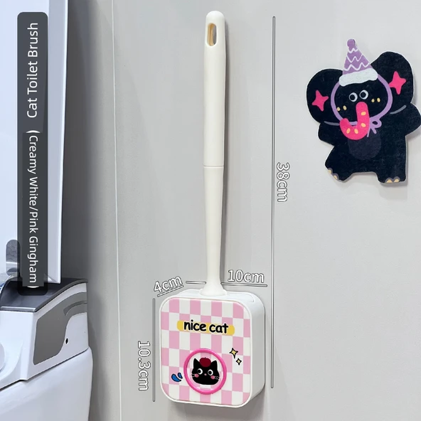 Kedi Tuvalet Fırçası - Süt Beyazı/Pembe Ekose