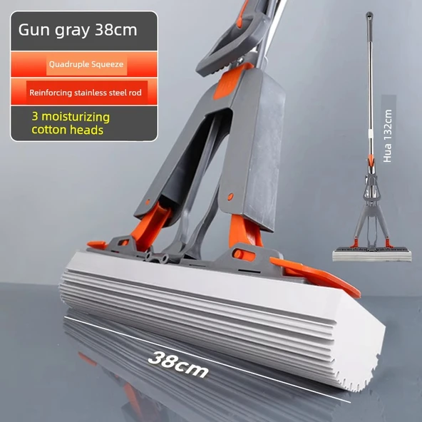 Katlanır Sünger Mop - 38cm - Metalik Gri - 3 Yedek Başlıklı