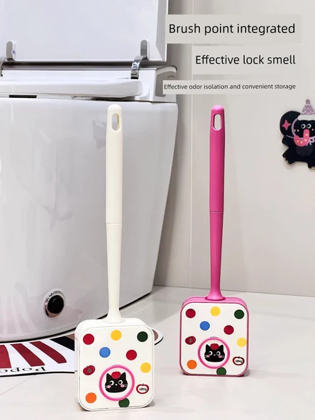 Kedi Tuvalet Fırçası - Süt Beyazı/Pembe Ekose - 5