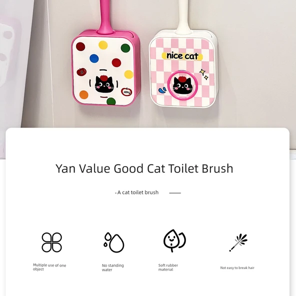 Kedi Tuvalet Fırçası - Süt Beyazı/Pembe Ekose - 8