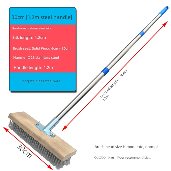 Paslanmaz Çelik Telli Yer Fırçası - 30cm Genişlik - 1.2m Çelik Saplı