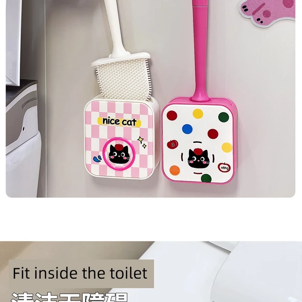 Kedi Tuvalet Fırçası - Süt Beyazı/Pembe Ekose - 10
