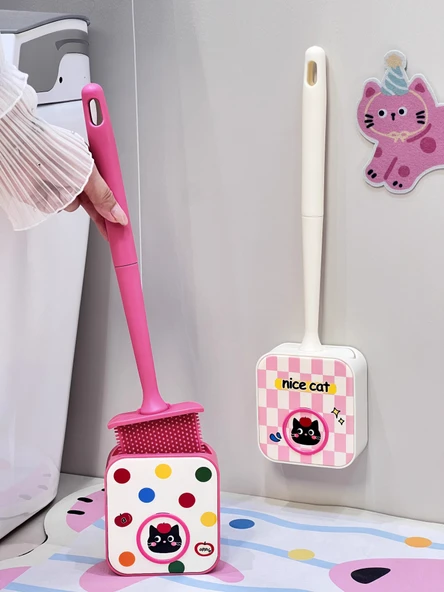 Kedi Tuvalet Fırçası - Süt Beyazı/Pembe Ekose - 2