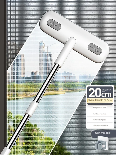 Yüksek Katlı Cam Temizleme Aparatı - 20cm Fırça - 82cm Takviyeli Çubuk + Duvar Klipsi