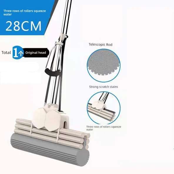 El Değmeden Su Emici Rulo Sünger Paspas - Güçlendirilmiş Gri Üç Sıralı 28cm [Tek Başlıklı]