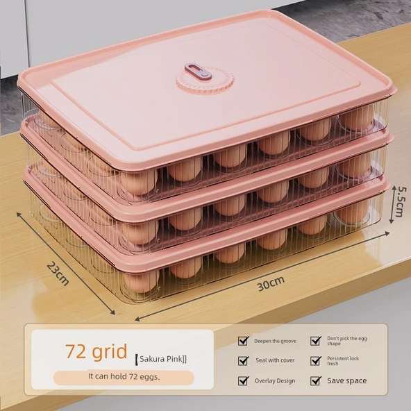 Buzdolabı Yumurta Saklama Kutusu - Sakura Pembe - 3 Katmanlı - 72 Yumurta Kapasiteli