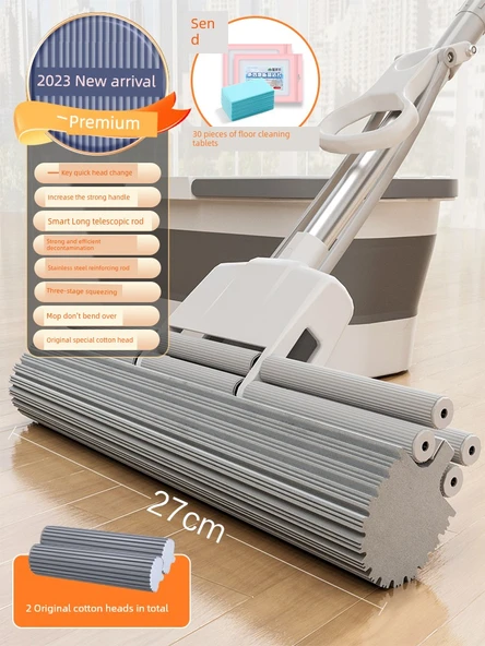 Sünger Paspas - 27cm Kalın Anında Emişli Pamuk Başlık + Büyük Paspas Kovası + 30 Yer Temizleme Tableti - İki Uçlu / Geri Çekilebilir / Hızlı Başlık Değişimi
